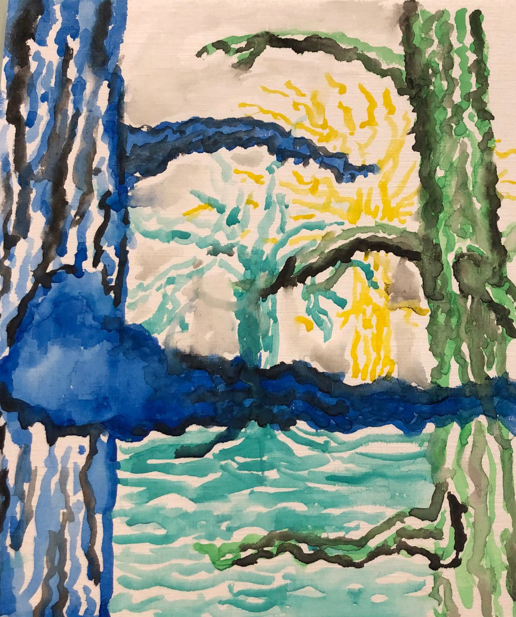 Saran metsää kuvastava suulla maalattu vesivärityö
