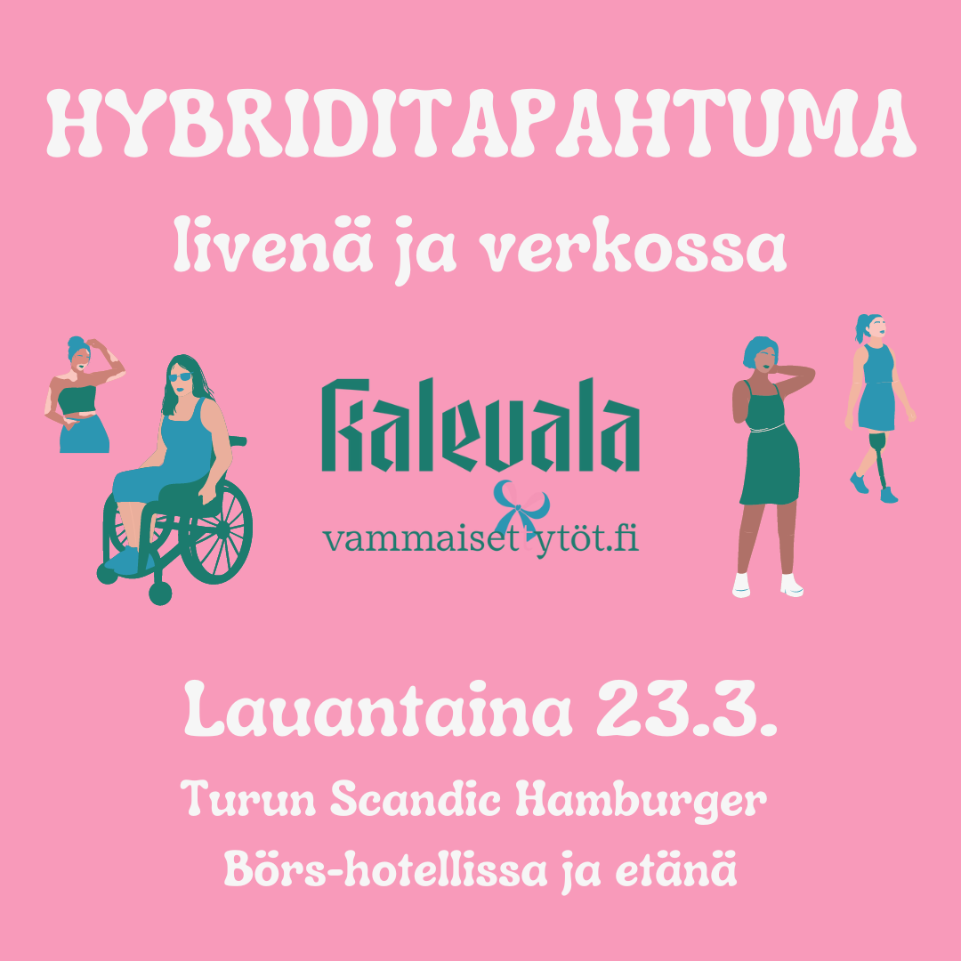 Vaaleanpunainen kuvituskuva, jossa lukee "Hybriditapahtuma - livenä ja verkossa. Lauantaina 23.3. Turun Scandic Hamburger Börs-hotellissa ja etänä."