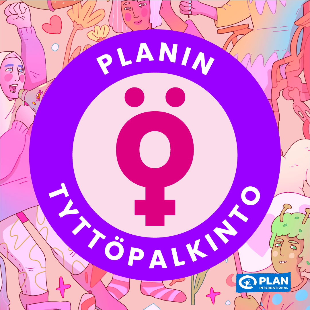 Plan Tyttöpalkinnon tunnus. Lila ympyrä jossa vaaleanpunaisella teksti tyttöpalkinto.