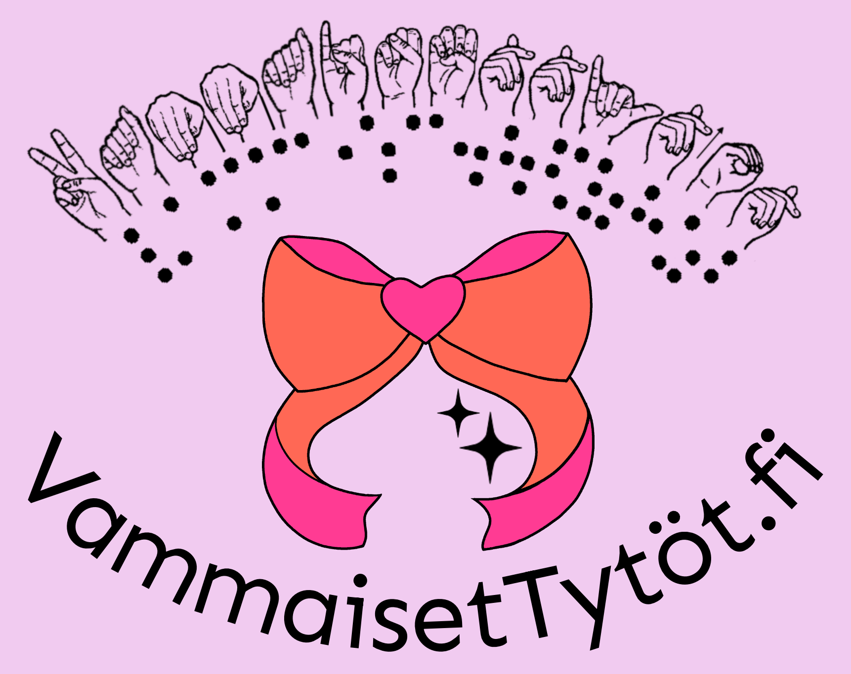 uusi logo, oranssipinkki rusetti ja vammaisettytöt.fi teksti viittomilla sekä pistekirjoituksella