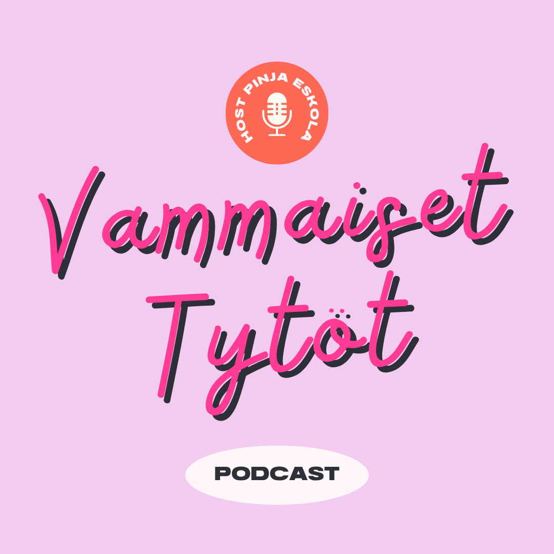 Podcastin kuvituskuva, jossa podin nimi pinkillä taustalla